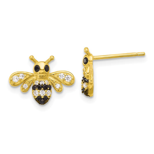 Yellow Gold-plated Sterling Silver Black Rhodium Bee with Black and White CZ Post Earrings
