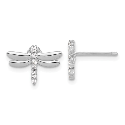 Rhodium-plated Sterling Silver CZ Dragonfly Post Earrings