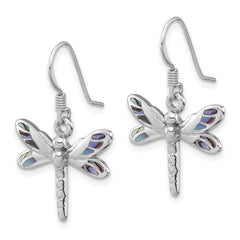 Rhodium-plated Sterling Silver Polished Abalone Dragonfly Earrings