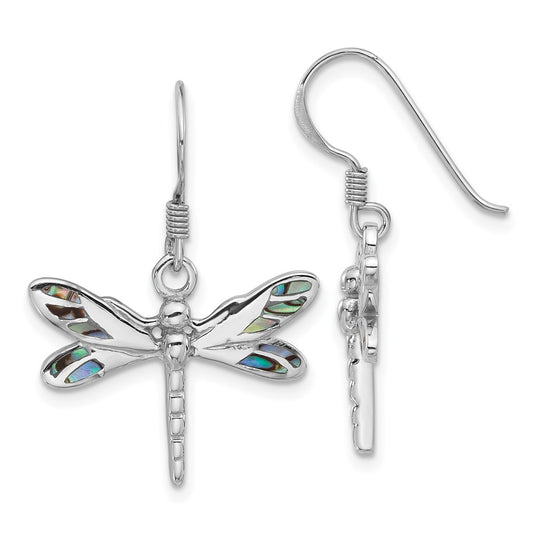 Rhodium-plated Sterling Silver Polished Abalone Dragonfly Earrings