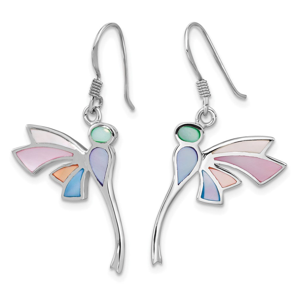Rhodium-plated Sterling Silverd Polished Multi-Color Dragonfly Mother of Pearl Earrings
