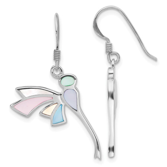 Rhodium-plated Sterling Silverd Polished Multi-Color Dragonfly Mother of Pearl Earrings