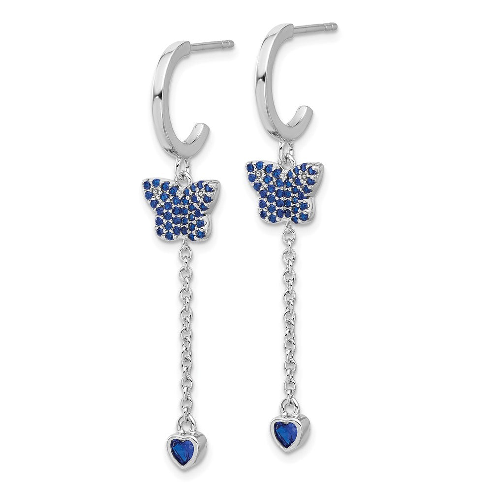 Rhodium-plated Sterling Silver Blue CZ Butterfly Heart Post Hoop Earrings