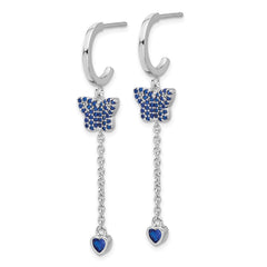 Rhodium-plated Sterling Silver Blue CZ Butterfly Heart Post Hoop Earrings