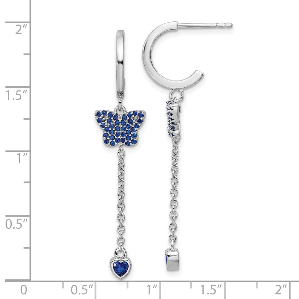 Rhodium-plated Sterling Silver Blue CZ Butterfly Heart Post Hoop Earrings