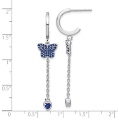 Rhodium-plated Sterling Silver Blue CZ Butterfly Heart Post Hoop Earrings