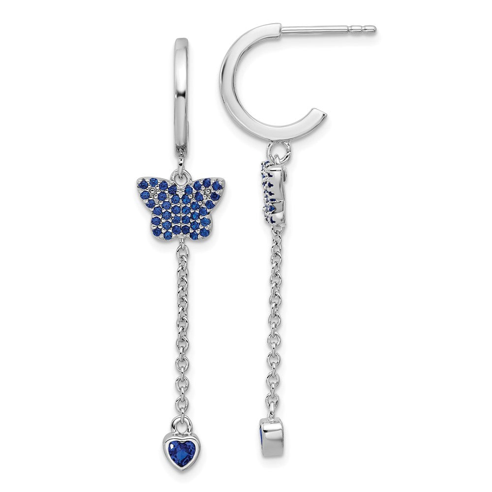 Rhodium-plated Sterling Silver Blue CZ Butterfly Heart Post Hoop Earrings