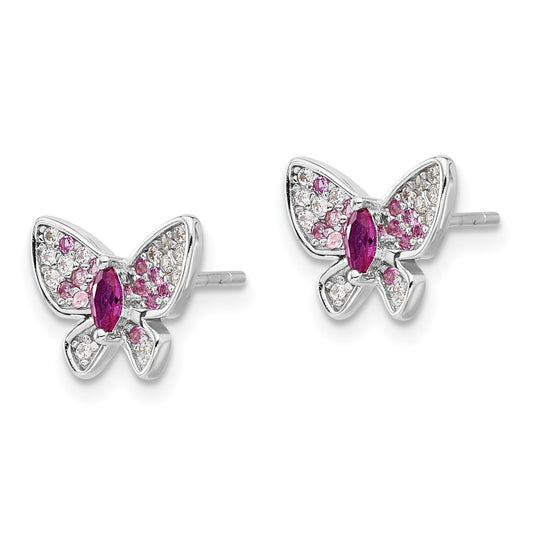Rhodium-plated Sterling Silver Pink and White CZ Butterfly Post Earrings