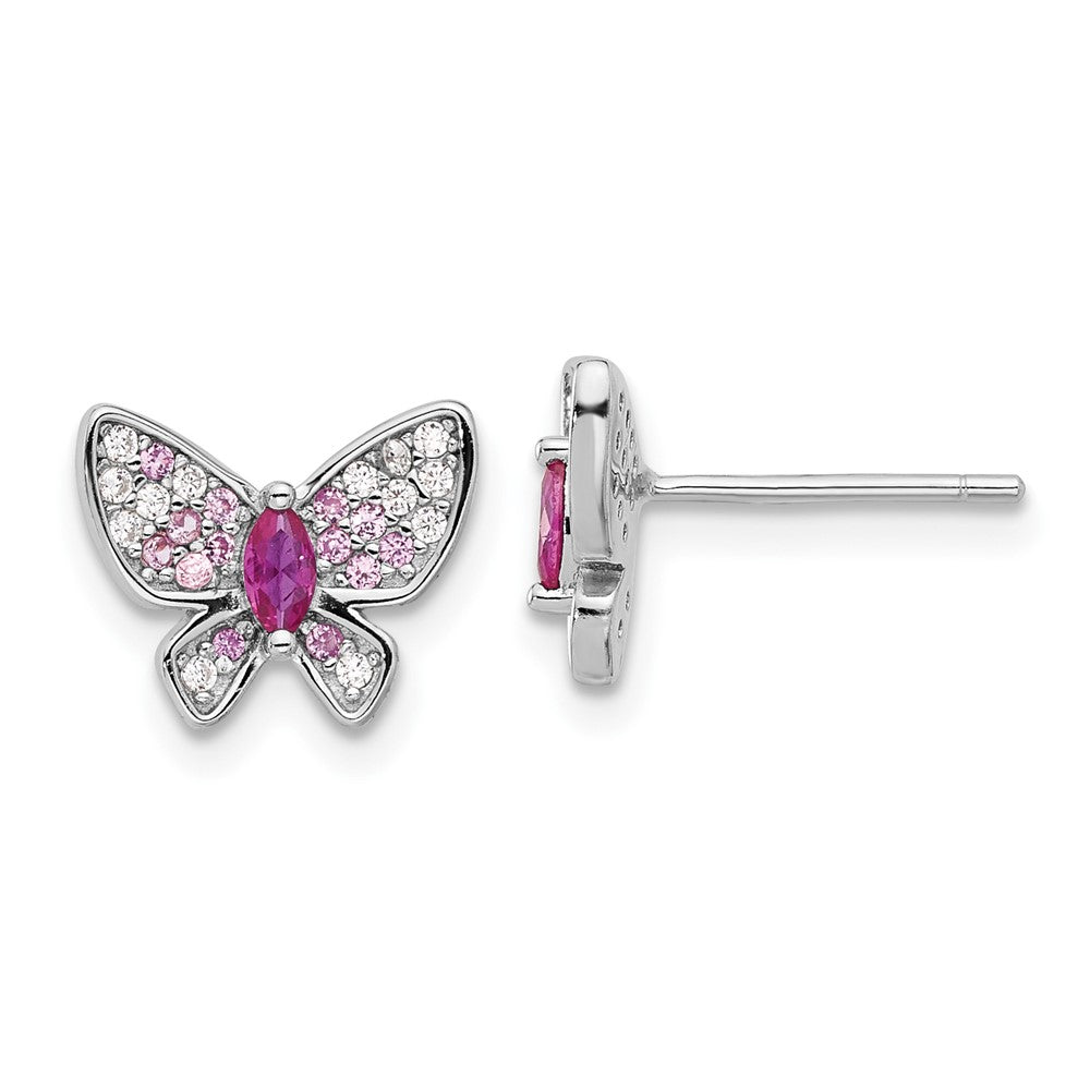 Rhodium-plated Sterling Silver Pink and White CZ Butterfly Post Earrings