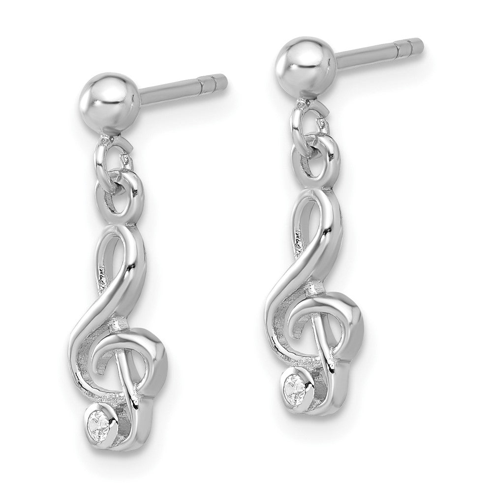 Rhodium-plated Sterling Silver CZ Treble Clef Post Dangle Drop Earrings