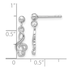 Rhodium-plated Sterling Silver CZ Treble Clef Post Dangle Drop Earrings