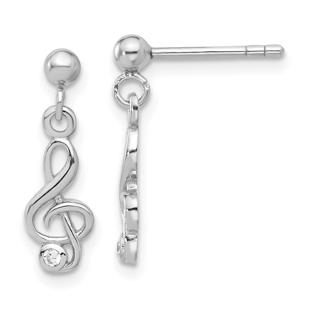 Rhodium-plated Sterling Silver CZ Treble Clef Post Dangle Drop Earrings