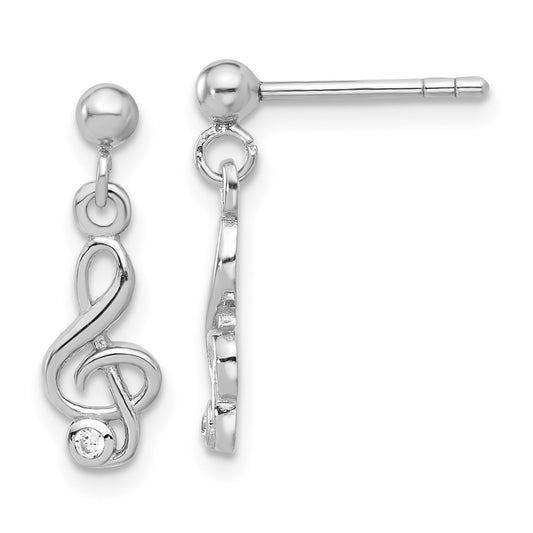 Rhodium-plated Sterling Silver CZ Treble Clef Post Dangle Drop Earrings