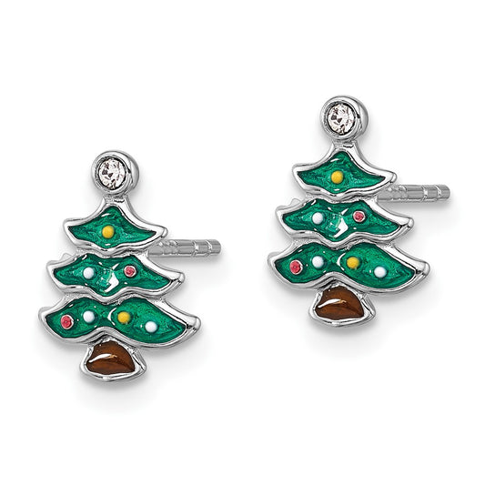 Rhodium-plated Sterling Silver Green Enamel Crystal Christmas Tree Post Earrings