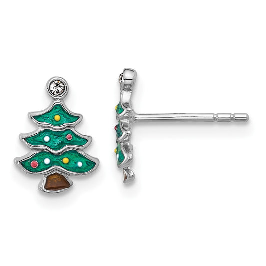 Rhodium-plated Sterling Silver Green Enamel Crystal Christmas Tree Post Earrings