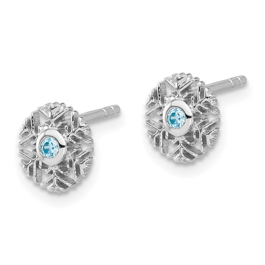 Rhodium-plated Sterling Silver Aquamarine CZ Snowflake Post Earrings