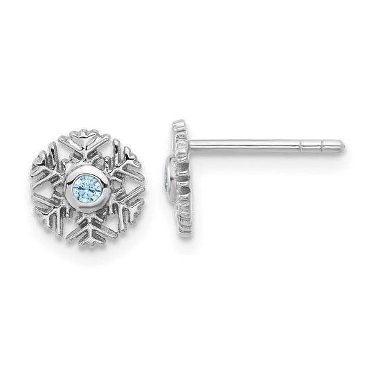 Rhodium-plated Sterling Silver Aquamarine CZ Snowflake Post Earrings