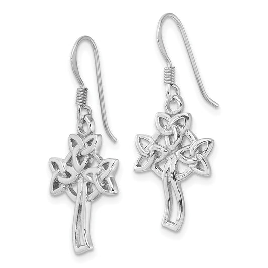 Rhodium-plated Sterling Silver Polished Celtic Cross Dangle Earrings