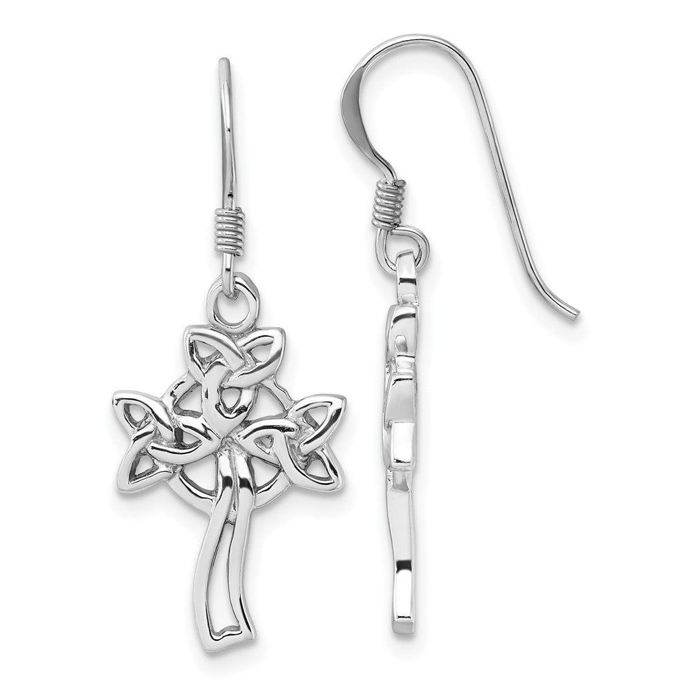 Rhodium-plated Sterling Silver Polished Celtic Cross Dangle Earrings