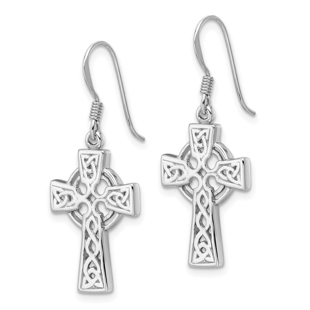 Rhodium-plated Sterling Silver Polished Dangle Celtic Cross Design Earrings