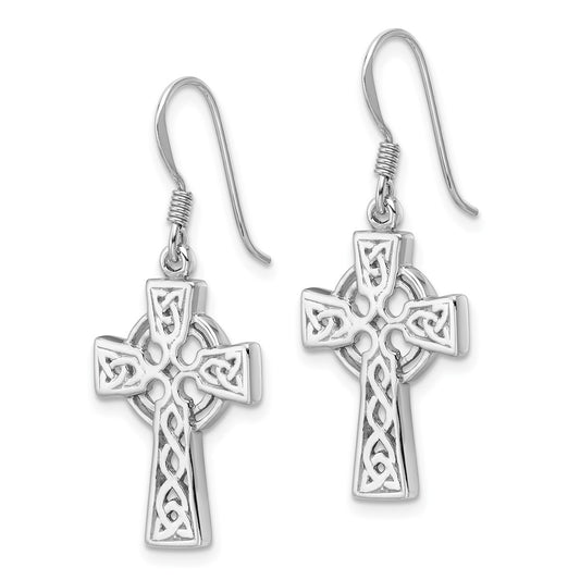 Rhodium-plated Sterling Silver Polished Dangle Celtic Cross Design Earrings