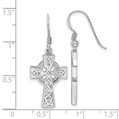 Rhodium-plated Sterling Silver Polished Dangle Celtic Cross Design Earrings