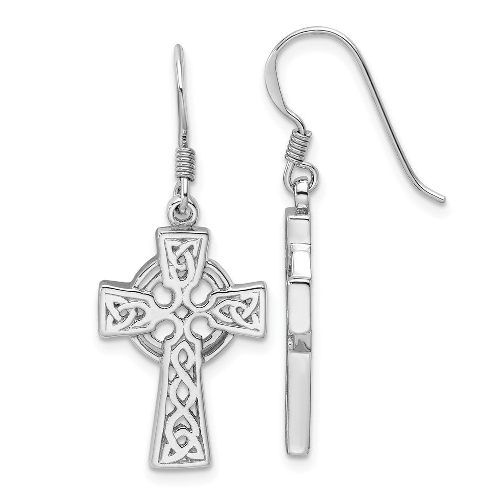 Rhodium-plated Sterling Silver Polished Dangle Celtic Cross Design Earrings