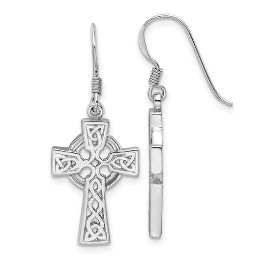 Rhodium-plated Sterling Silver Polished Dangle Celtic Cross Design Earrings