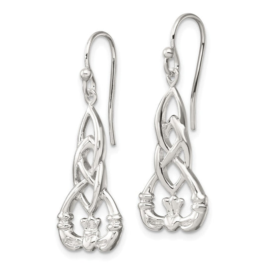 Sterling Silver Polished Celtic Knot Claddagh Shepherd Hook Earrings