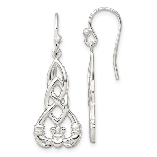 Sterling Silver Polished Celtic Knot Claddagh Shepherd Hook Earrings