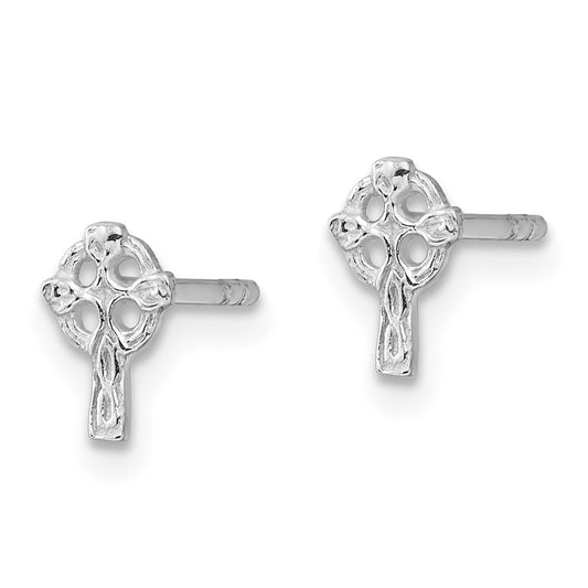Rhodium-plated Sterling Silver Celtic Cross Post Earrings