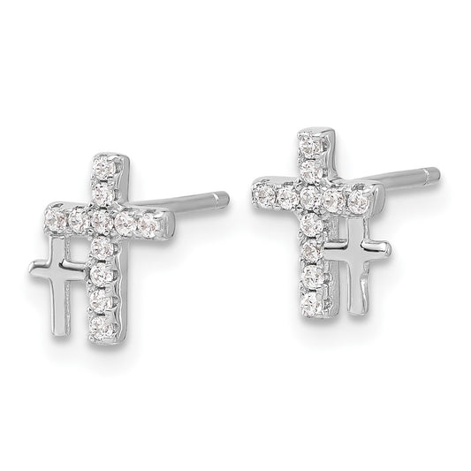 Rhodium-plated Sterling Silver CZ Double Cross Post Earrings