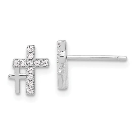 Rhodium-plated Sterling Silver CZ Double Cross Post Earrings