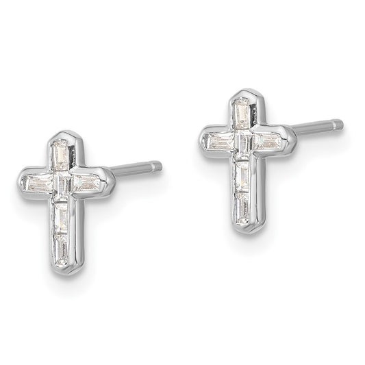 Rhodium-plated Sterling Silver CZ Cross Post Earrings