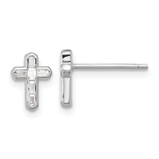 Rhodium-plated Sterling Silver CZ Cross Post Earrings