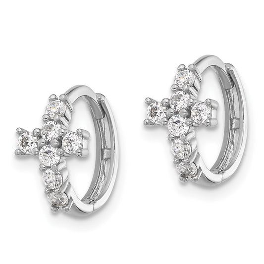 Rhodium-plated Sterling Silver Polished CZ Cross Hinged Huggie Hoop Earrings