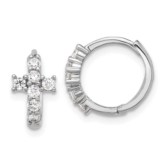 Rhodium-plated Sterling Silver Polished CZ Cross Hinged Huggie Hoop Earrings