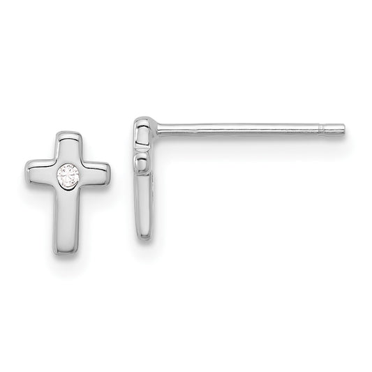 Rhodium-plated Sterling Silver CZ Cross Post Earrings