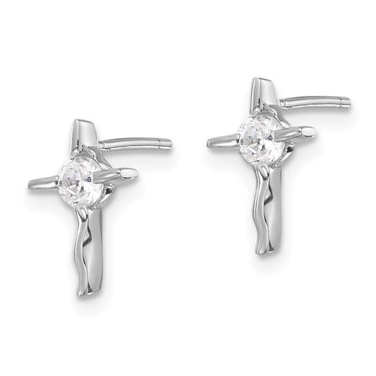 Rhodium-plated Sterling Silver CZ Wavy Cross Post Earrings