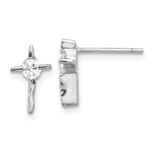 Rhodium-plated Sterling Silver CZ Wavy Cross Post Earrings