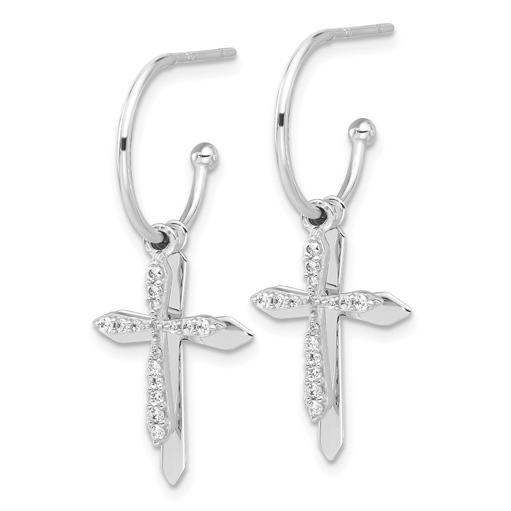 Sterling Silver CZ Cross Dangle Post Hoop Earrings