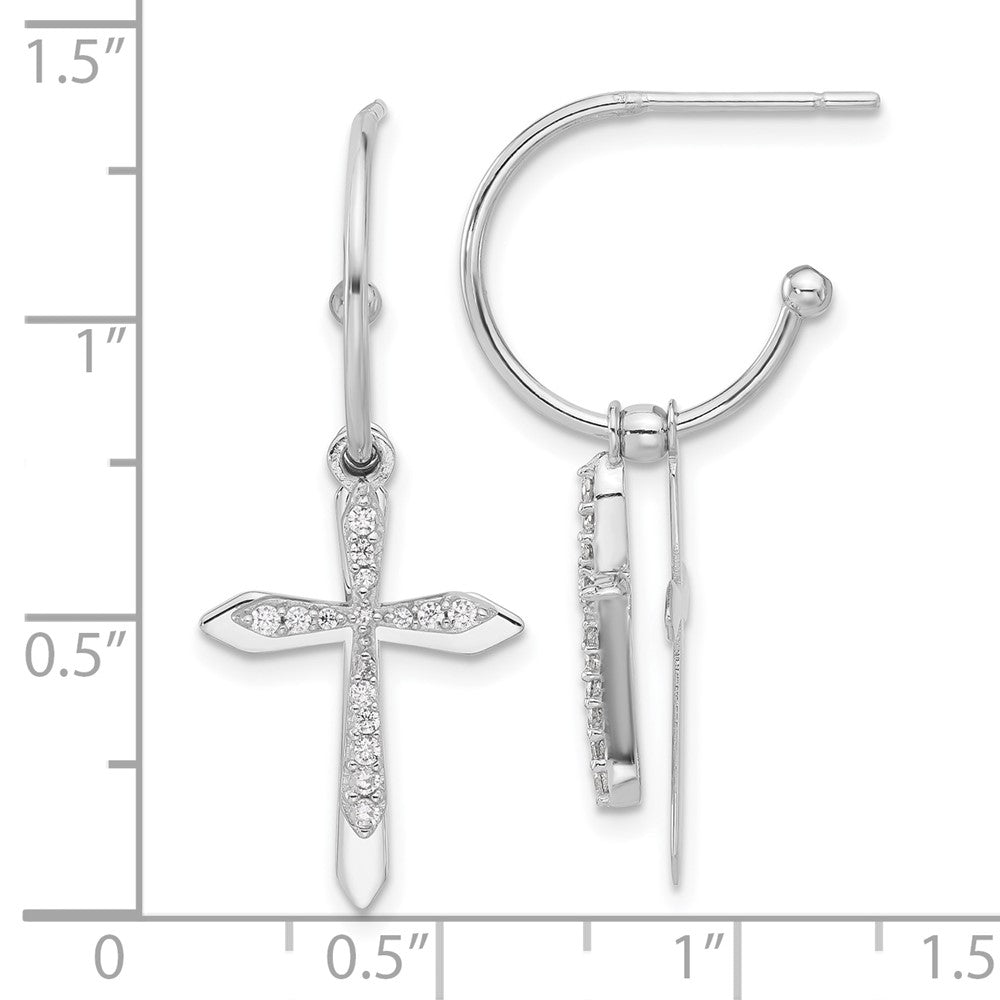 Sterling Silver CZ Cross Dangle Post Hoop Earrings