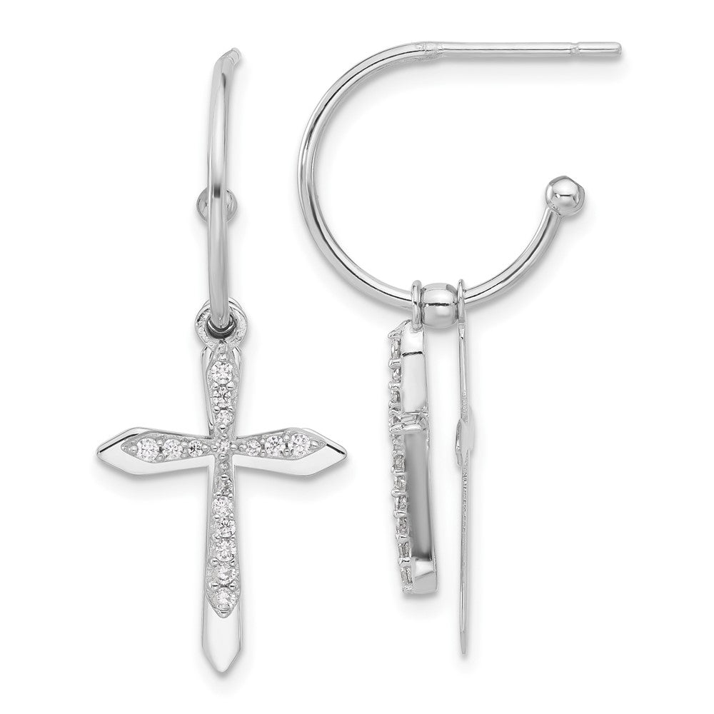 Sterling Silver CZ Cross Dangle Post Hoop Earrings