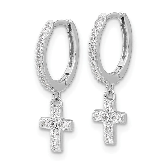 Rhodium-plated Sterling Silver CZ Cross Hinged Hoop Earrings