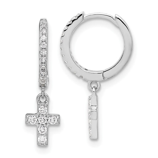 Rhodium-plated Sterling Silver CZ Cross Hinged Hoop Earrings