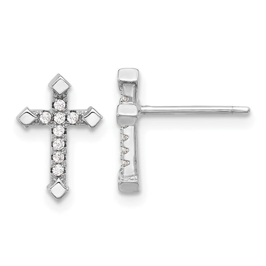 Rhodium-plated Sterling Silver CZ Cross Post Earrings