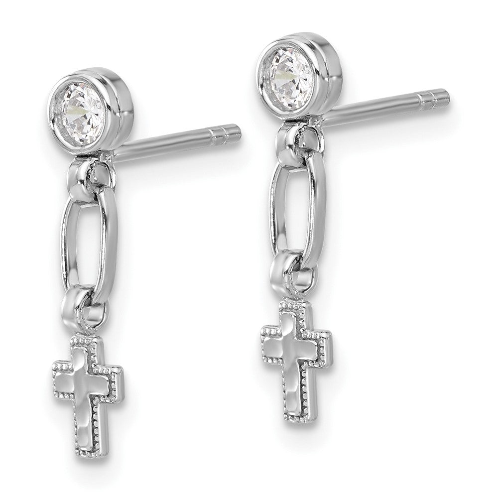 Rhodium-plated Sterling Silver Bezel CZ Cross Post Dangle Earrings