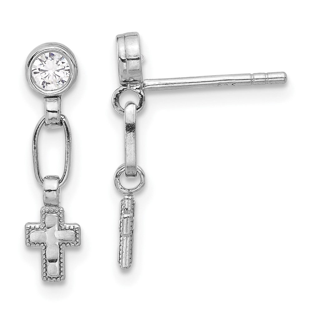 Rhodium-plated Sterling Silver Bezel CZ Cross Post Dangle Earrings