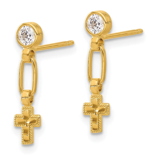 Yellow Gold-plated Sterling Silver Bezel CZ Cross Post Dangle Earrings
