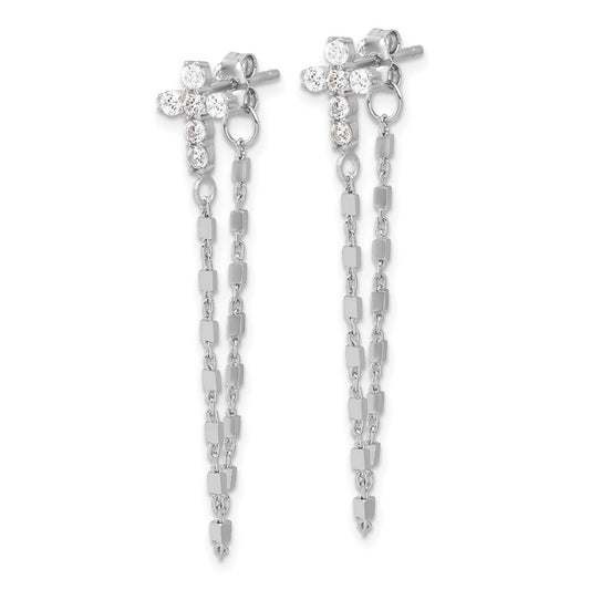 Rhodium-plated Sterling Silver CZ Cross with Chain Post Earrings